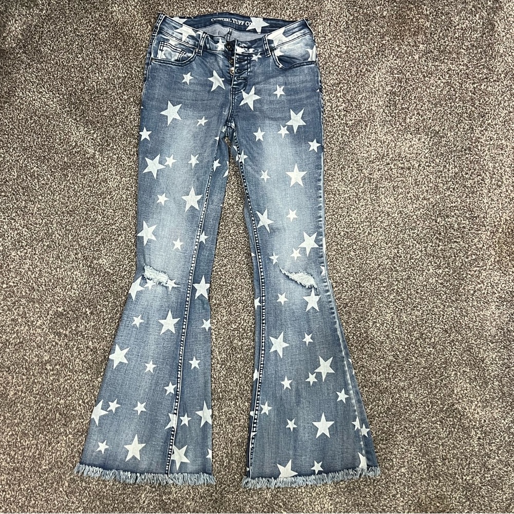 Cowgirl Tuff Blue Star Print Flare Jeans